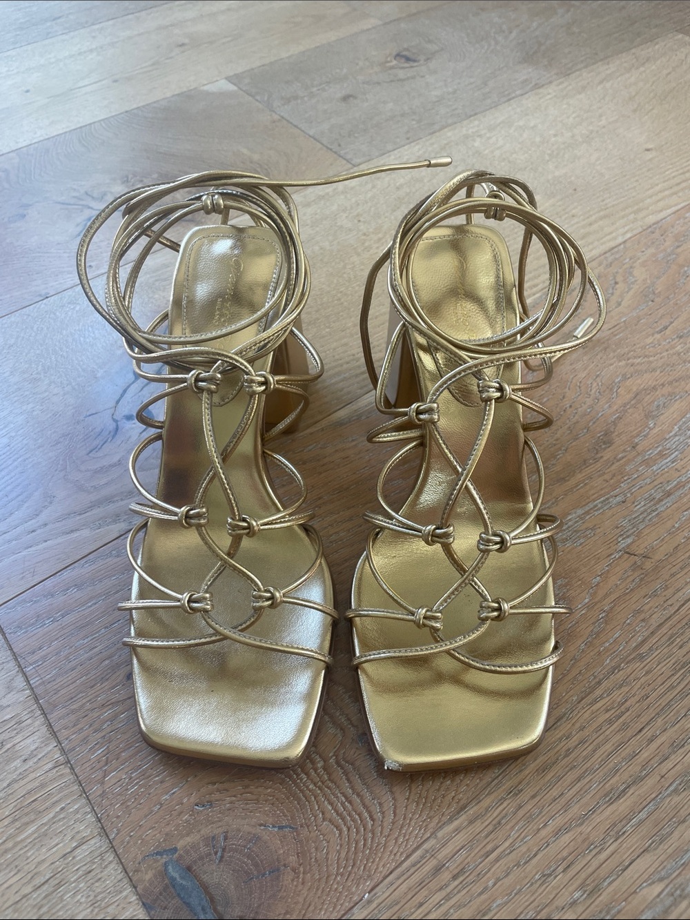 Gianvito Rossi Metallic Gold Leather Ankle-Tie Wedge Sandals